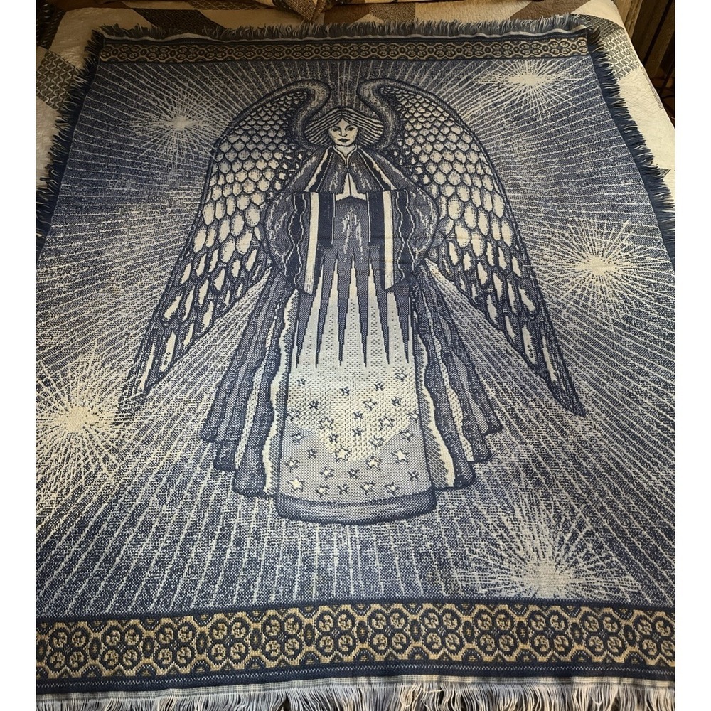 Angel Tapestry / Throw Blanket‎ Blue Woven Religious 57x47